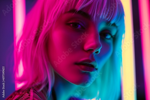 Neon Glow: High Fashion Model with White Wig in Studio