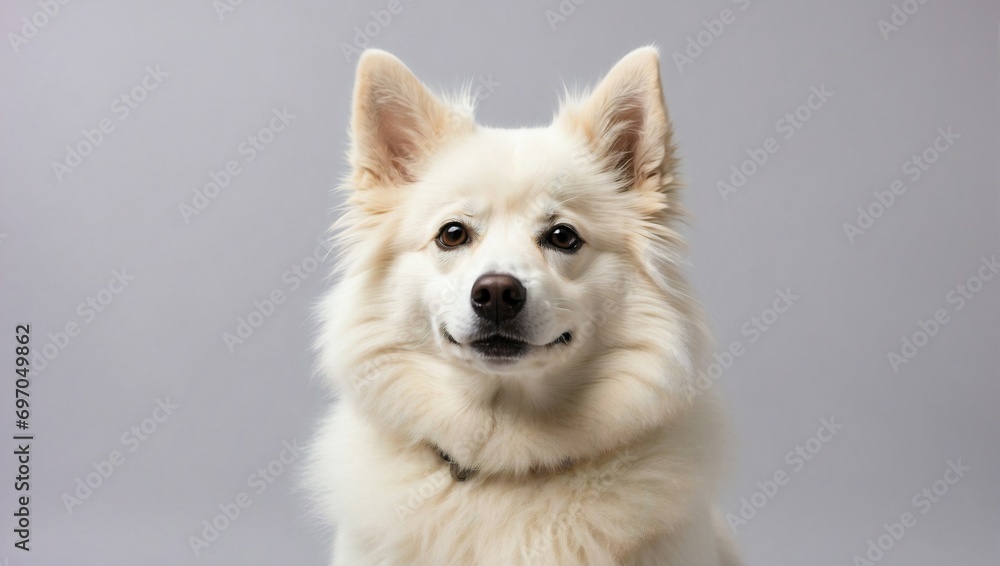 Fototapeta premium American Eskimo Dog posing in a bright photography studio, its white fluffy coat contrasting with the soft grey backdrop, highlighting its alert expression and plumed tail.