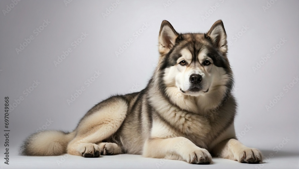 Obraz premium Alaskan Malamute seated in a minimalist photography studio, the grey background accentuating its impressive stature and piercing gaze, exuding strength and beauty.