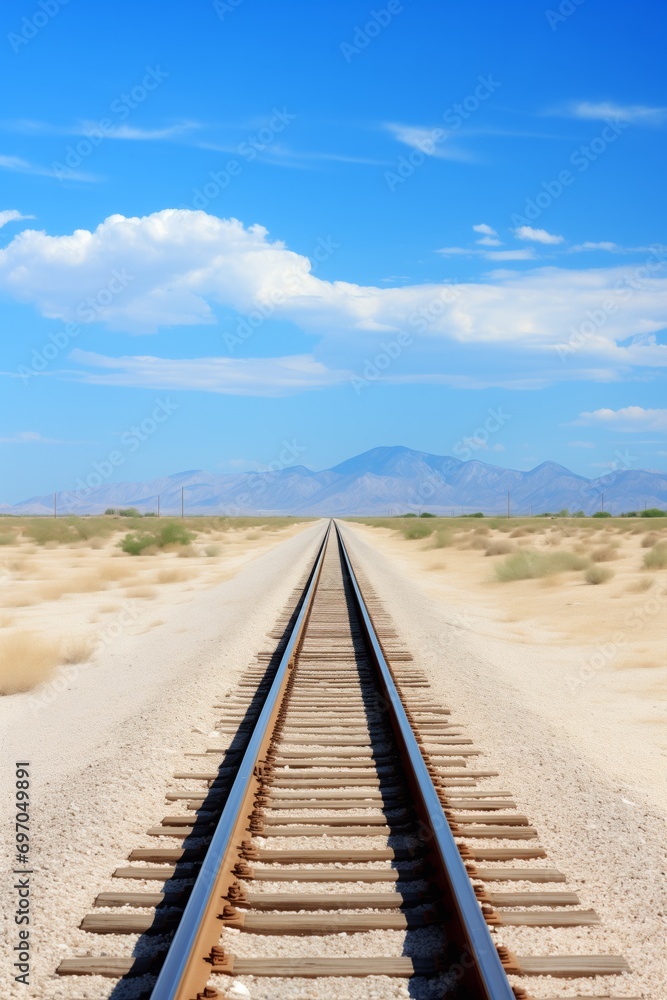 A train track stretching across a barren desert landscape, disappearing into the vastness of the arid terrain. A train track stretching across a barren desert landscape, disappearing into the vastness of the arid terrain.