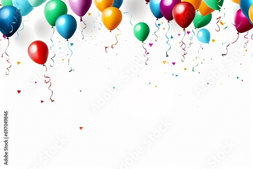 Colorful Happy Birthday balloons and confetti against a white background  spreading joy.