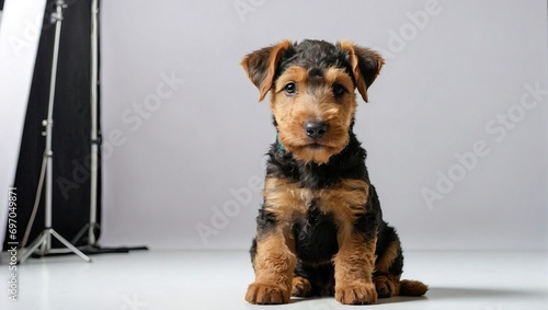 Airedale Terrier puppy sitting attentively in a photography studio with a simple grey background, displaying its wiry coat and distinctive tan and black coloring.