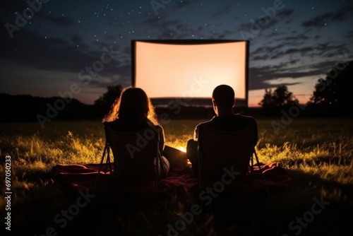 Couple at outdoor cinema, enjoying movie under the starry night sky during their unique date