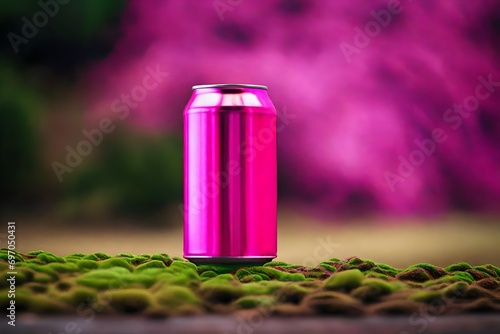 pink canned drink packaging and advertising template , green grass surface