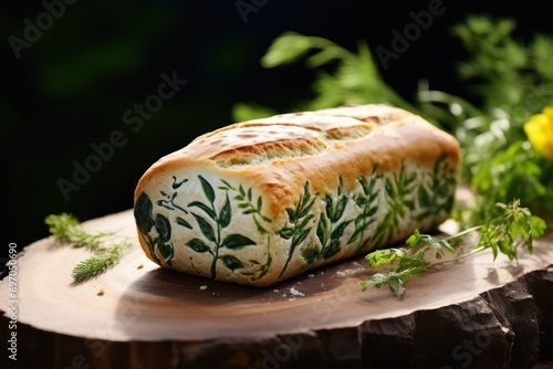 Painted bread close up decorated with herbs. Freshly baked handmade sourdough bread