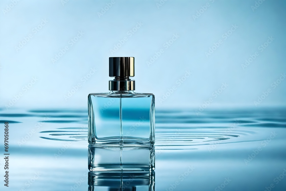 minimalist rectangular perfume flacon on a blueish water background minimalist rectangular perfume flacon on a blueish water background