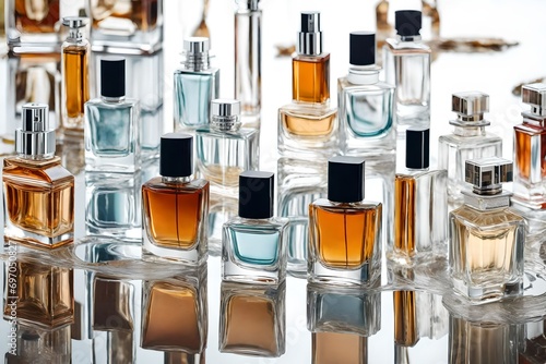 many perfume flacons  on white background photo
