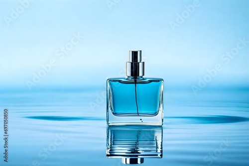 blue perfume flacon on minimalist water background