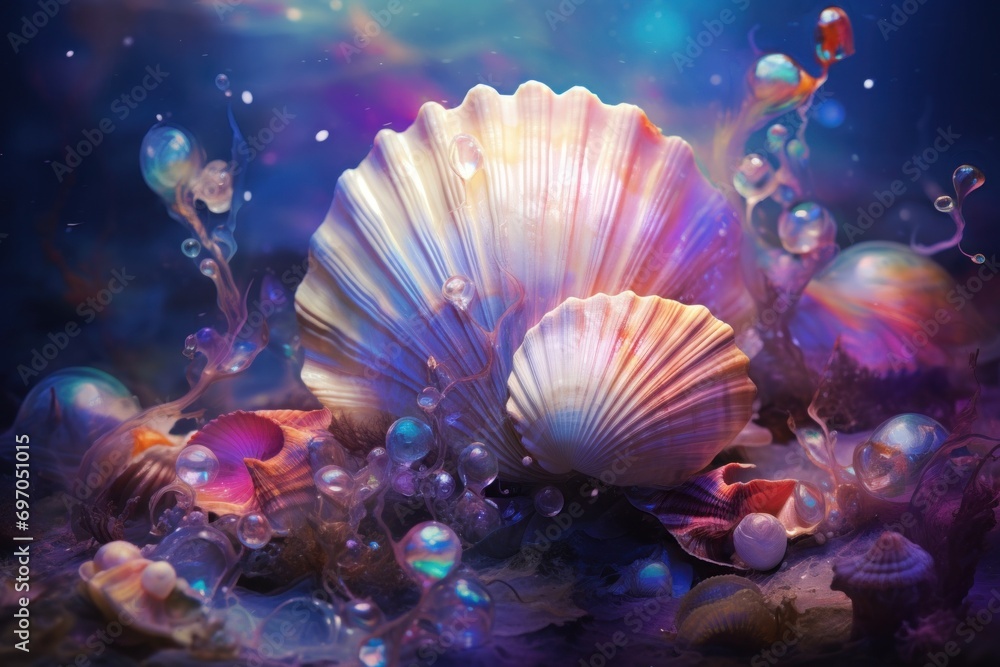 Starfish and various seashells macro background. Sshells have different ...