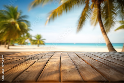 Empty wooden table with palm trees in the background beach Generative AI