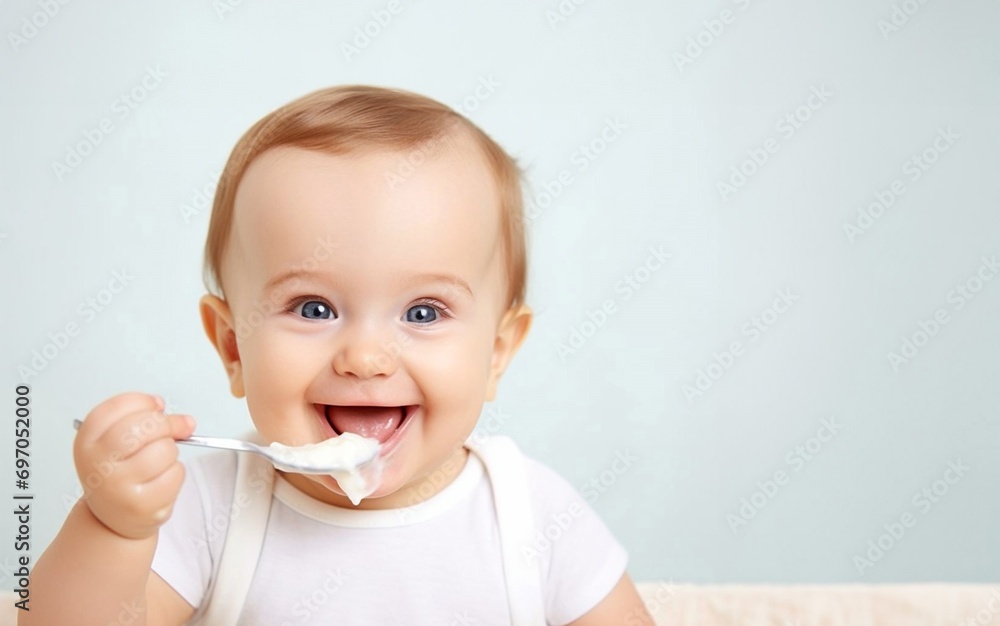 little cute caucasian toddler baby trying and enjoying the baby food or porridge himself with a spoon; Self nutrition concept little cute caucasian toddler baby trying and enjoying the baby food or porridge himself with a spoon; Self nutrition concept