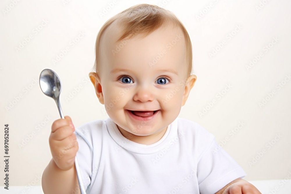little cute caucasian toddler baby trying and enjoying the baby food or porridge himself with a spoon; Self nutrition concept