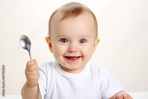 Obraz na płótnie little cute caucasian toddler baby trying and enjoying the baby food or porridge himself with a spoon; Self nutrition concept w salonie
