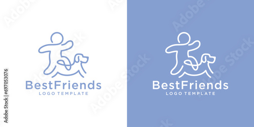 Creative Best Friends Logo. A Human or Child and Dog Playing Together with Lineart Outline Logo Design.