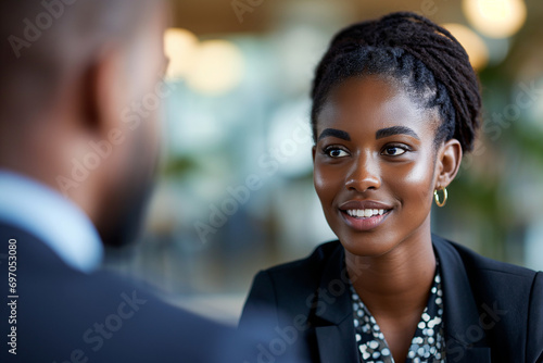 Meeting, recruitment or managers in job interview with young diverse african american businesswoman talking or listening in negotiation. Business people, smile or candidate speaking to happy hr manage photo