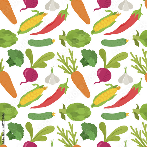 Wallpaper Mural The pattern of vegetables. Healthy, eco food. vegetables flat hand-drawn seamless pattern. Healthy nutrition cartoon texture. Great texture for wallpaper, wrapping paper, and tablecloth. Torontodigital.ca