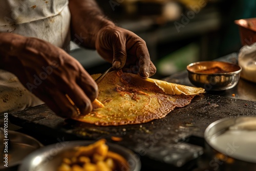 Culinary Symphony: A Chef's Skilled Hands Artfully Plate Masala Dosa, Showcasing the Delightful Fusion of Crispy Fermented Batter and Spiced Potato Filling in This South Asian Breakfast Dish.

