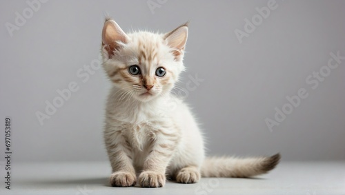 Balinese kitten with a soft cream coat and captivating blue eyes sitting on a grey backdrop. © Tom