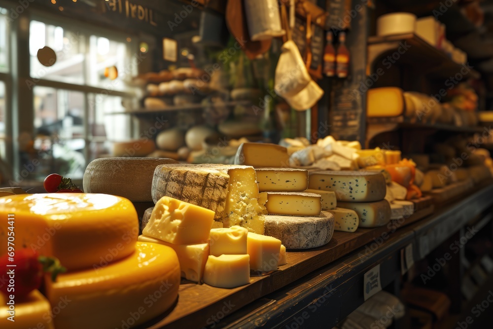 Gouda Galore: Step Into a Dutch Cheese Shop, Where Culinary Tradition Takes Center Stage, Proudly Displaying a Variety of Gouda and Other Local Dairy Delicacies.

