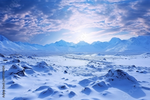 Magical sunset sky in pastel colors over snowy desert plain Fluffy gentle clouds dams and bushes are covered with snow