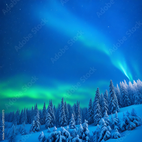 snow falling at night in a snowy dark forest with lights and stars