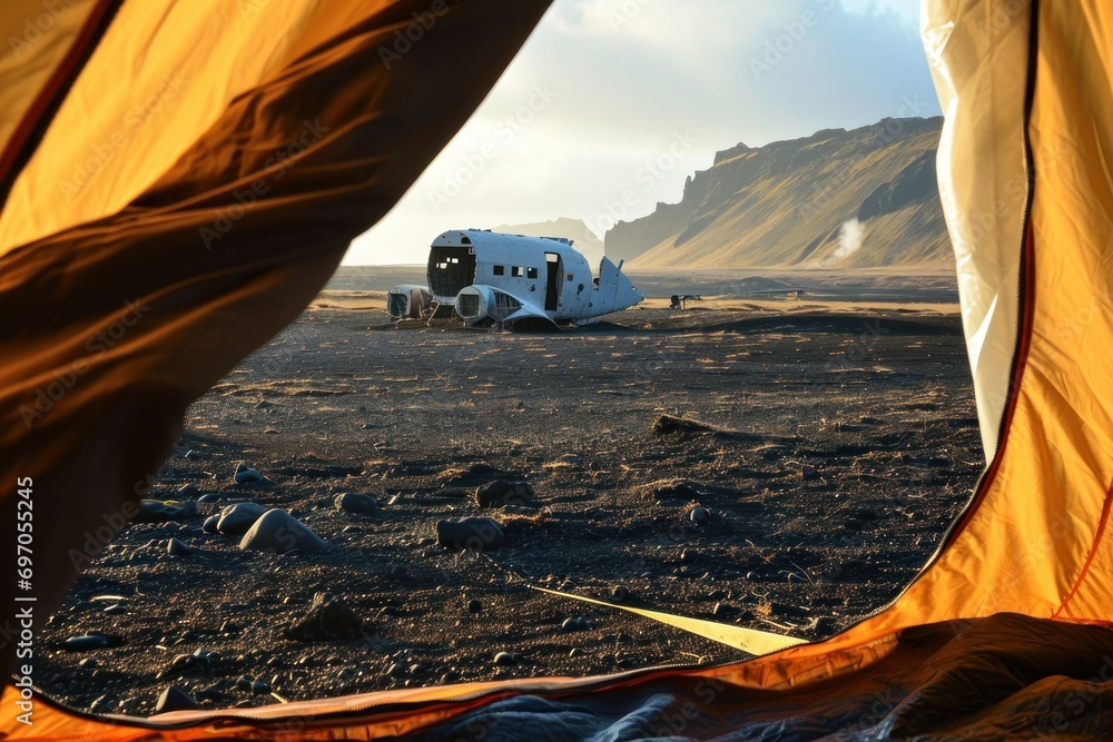 view from the tent to outside, plane wreck on the black beach in South Iceland  - obrazy, fototapety, plakaty 