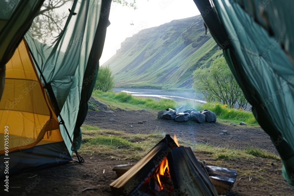 view from the tent to outside, firepit, camping at mountains