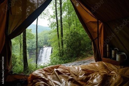 view from the tent to outside, smoky mountain and water fall, 