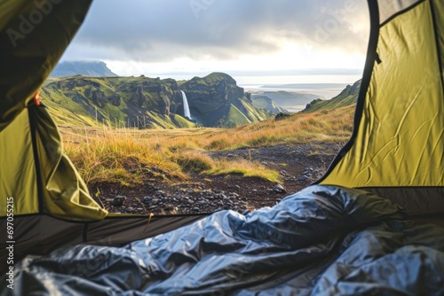 view from the tent to outside  iceland volcano and waterfalls 