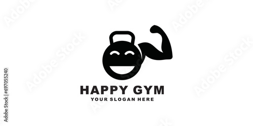 Fitness Kettlebell icon vector design template with muscular arms, smile face logo design with muscular arms Silhouette Vector Icon Template