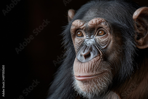 Portrait of a chimpanzee on black background with copy space photo