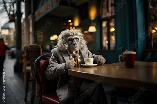 Portrait of a monkey in business clothes having a coffee in a bar. Anthropomorphic, animal character