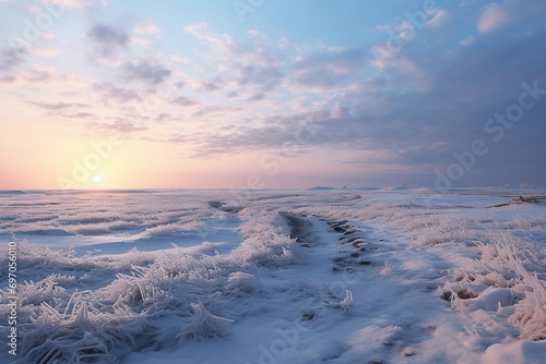 A wide open frost prairie bathed in rays of setting sun. Endless snow-covered steppe  dry plants sticking out from under the snow