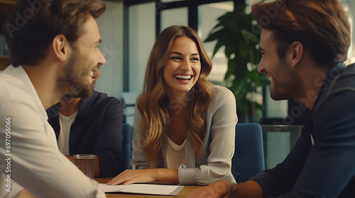 Photo of smiling and chatting with colleagues in an office