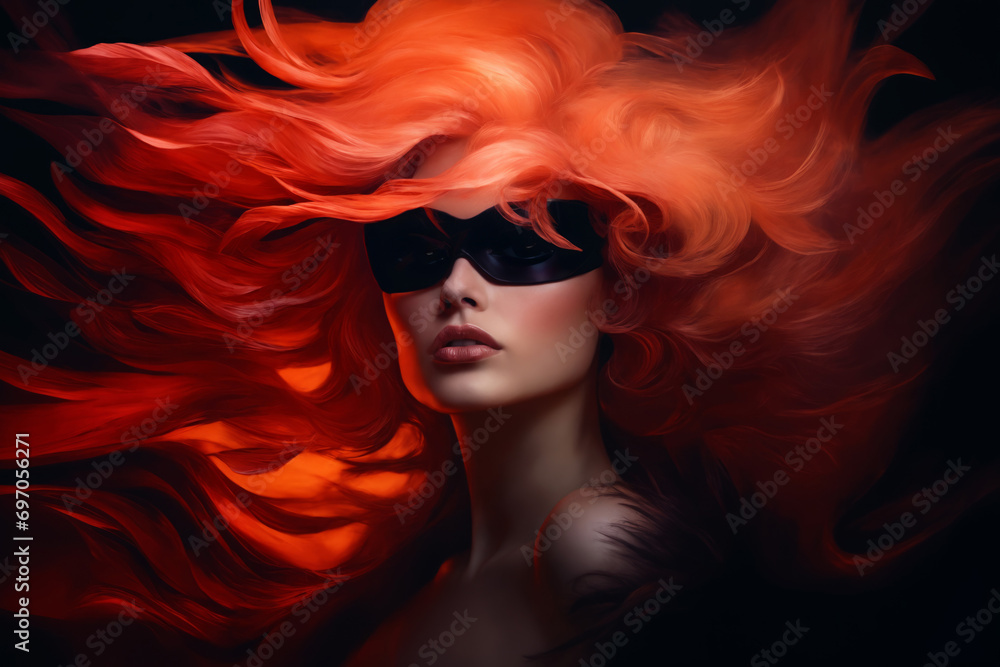 Girl in sunglasses with developing red hair in a neckline on a black background Girl in sunglasses with developing red hair in a neckline on a black background