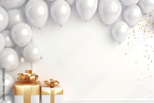 Futuristic, metallic-looking balloons and confetti shaping an elegant frame with a modern, sleek design. Empty blank label cardboard Box word. Technological solid background.