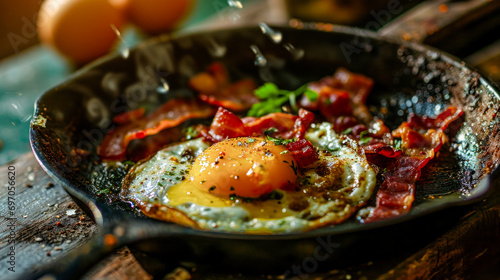 Fried Egg Breakfast in a Cast Iron Pan with Plenty of Side Dishes Brainstorming Wallpaper Background Cover Card Magazine Cook Art Digital Art