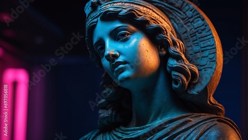 Female sculpture of the goddess of Ancient Greece on a neon background. Bright colors and glare from the light. Renaissance statue. The architecture of antiquity.