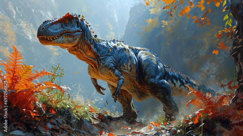 Allosaurus in a whimsical and colorful style. In natural habitat. Jurassic Park. © Татьяна Креминская