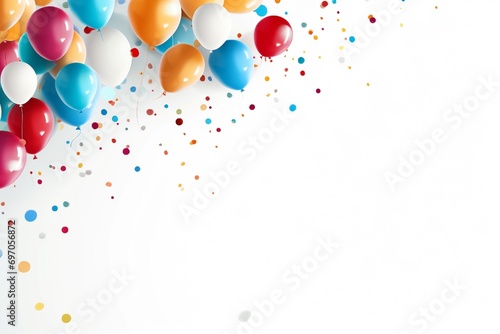 Happy Birthday-themed balloons and confetti on a solid white background, setting a festive mood.