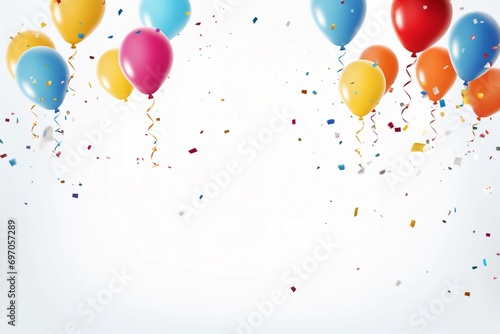 Happy Birthday balloons and confetti on a solid white background, creating a jubilant atmosphere.