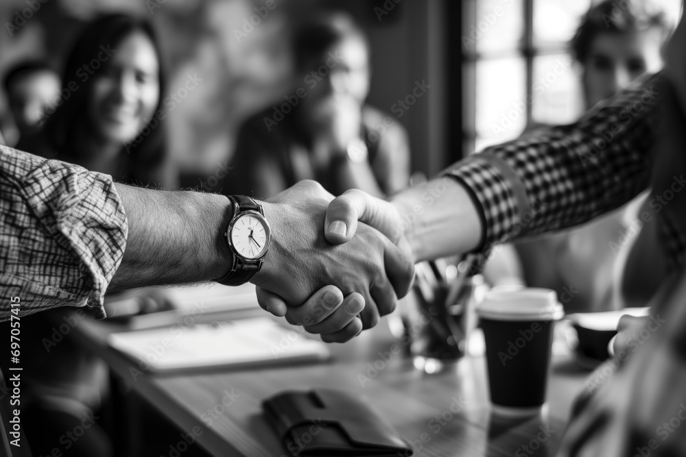Close-up of a firm handshake between two people in a black and white business setting, symbolizing agreement and cooperation Close-up of a firm handshake between two people in a black and white business setting, symbolizing agreement and cooperation