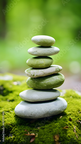 Stack of zen stones on green moss background. Zen concept