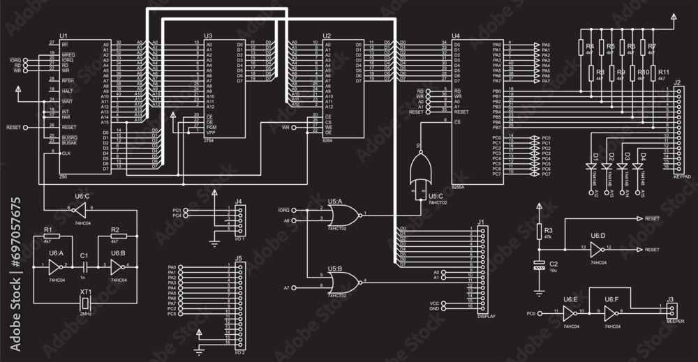 Vector electrical circuit. 
Schematic diagram of electronic device, operating 
under control of microcontroller. Scheme with logic gates, integrated 
circuit, connector, resistor, capacitor.