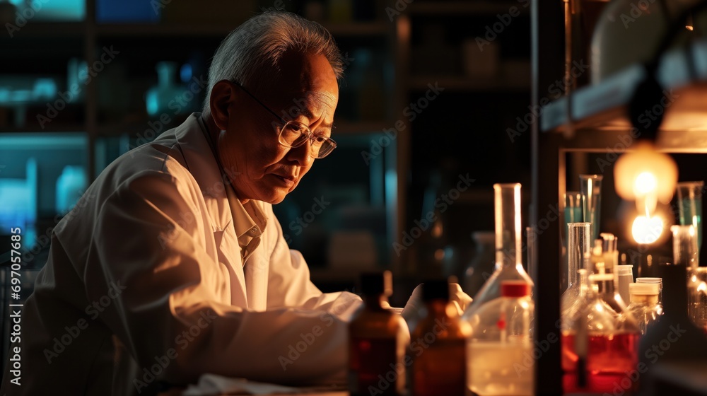 Mature scientist in glasses deeply engrossed in data analysis inside a dimly lit laboratory setting