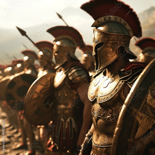 Detailed close-up of an ancient roman warrior's battle gear with a focus on his helmet