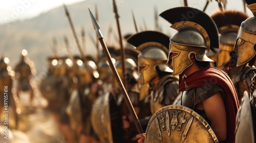 Group of roman legionnaires in full armor formation, readying for battle in an open field photo