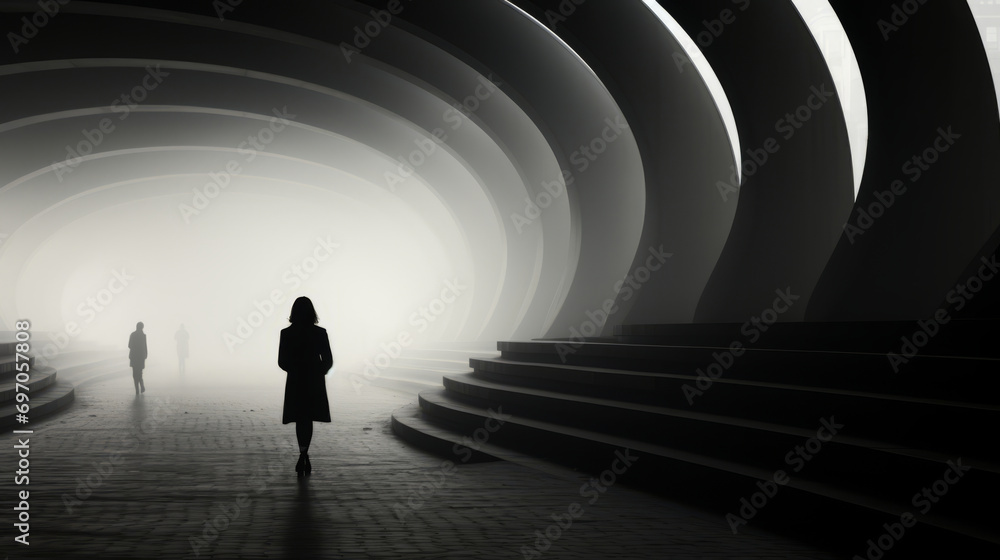 Ethereal Passage: Silhouettes Journeying Through a Futuristic Vortex