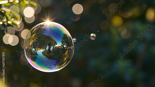Vivid soap bubble reflecting a tapestry of colors and trees in a bokeh background