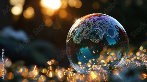 Close-up of a vibrant soap bubble reflecting nature with a bokeh of sunlight in the background